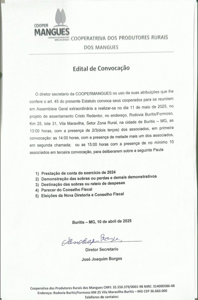 Cooperativa de trabalhadores rurais convoca assembleia para 11 de maio em Buritis (MG)