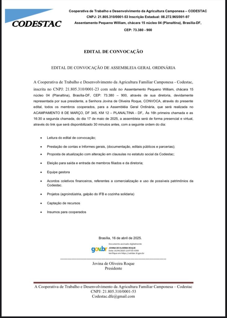 Cooperativa no DF convoca assembleia para o dia 17 de maio