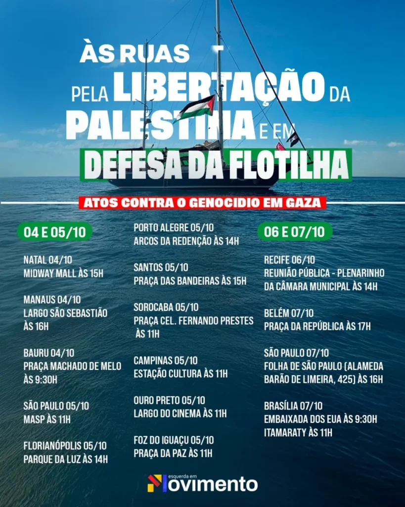 Atos pela Palestina e em defesa da Flotilha acontecem por todo o Brasil até terça-feira (07)