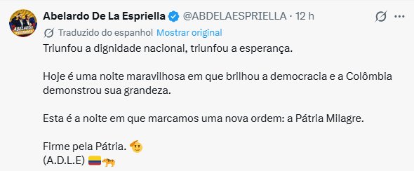 Espriella, candidato da extrema-direita, vence a eleição presidencial da Colômbia 2 espriella-candidato-da-extrema-direita-vence-a-eleicao-presidencial-da-colombia-espirella-em-seu-x-foto-reproducao-tvt-news