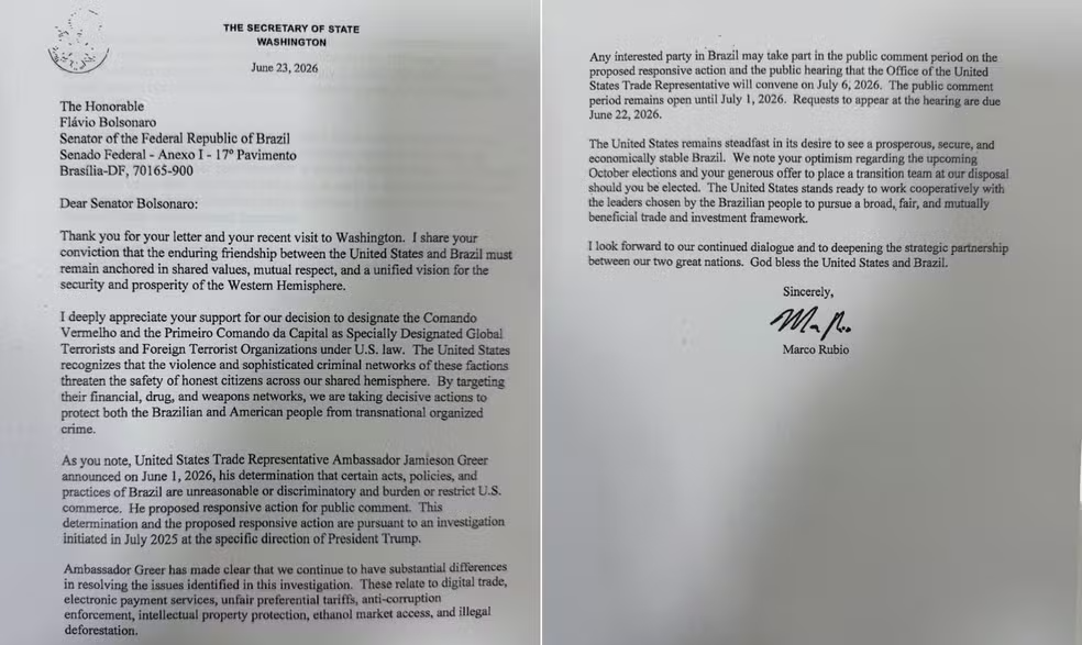 Marco Rubio responde carta de Flávio Bolsonaro e defende tarifaço dos EUA contra Brasil