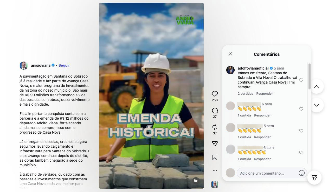 Post do prefeito de Casa Nova anuncia emenda de R$ 12 milhões do deputado federal Adolfo Viana (PSDB) para obra de calçamento flagrada com trabalho escravo (Foto: Reprodução/Instagram)