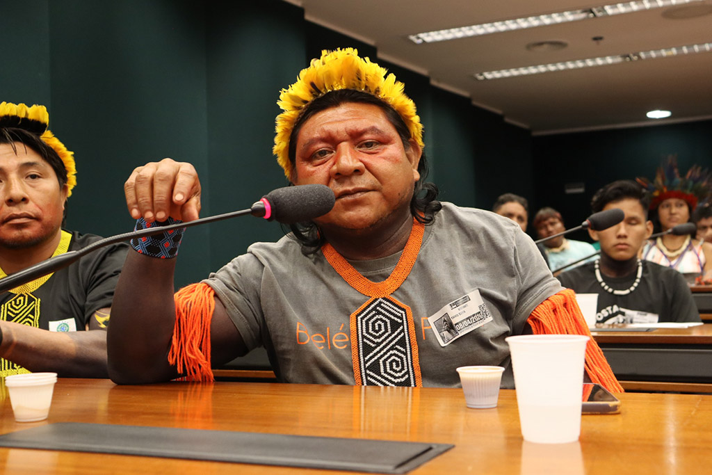 Yaiku Suya durante audiência pública sobre reparação na Comissão de Direitos Humanos, Minorias e Igualdade Racial da Câmara dos Deputados (Foto: Larissa Silva/Rede Juruena Vivo / Divulgação)
