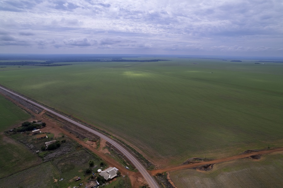 Sinop, Mato Grosso, Brasil 20-11-2024 Fazenda de Ana Paula Noronha no município de Tabaporã. A fazenda tinha soja plantada, máquinas pulverizando a lavoura e galpão com colheitadeira e tratores. Reportagem sobre fazendas que tem embargo ambiental, continuam sua produção agrícola e tem suspeita de fraudes com os seguros contratados. @Fotos: Fernando Martinho.