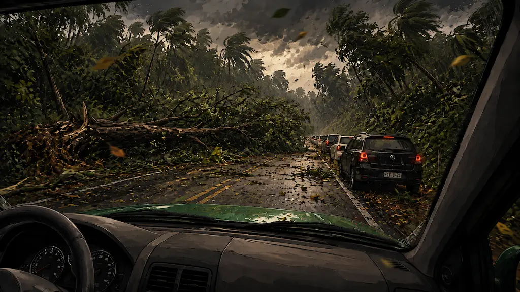 Como agir numa hora dessas? Fazia calor. A criança se assustava com o barulho quando abríamos a janela. Muita incerteza. O carro não conseguia sintonizar nenhuma rádio e não havia sinal de internet ou telefone. Isolamento e apagão informacional total. <br> (Imagem meramente ilustrativa gerada por IA)