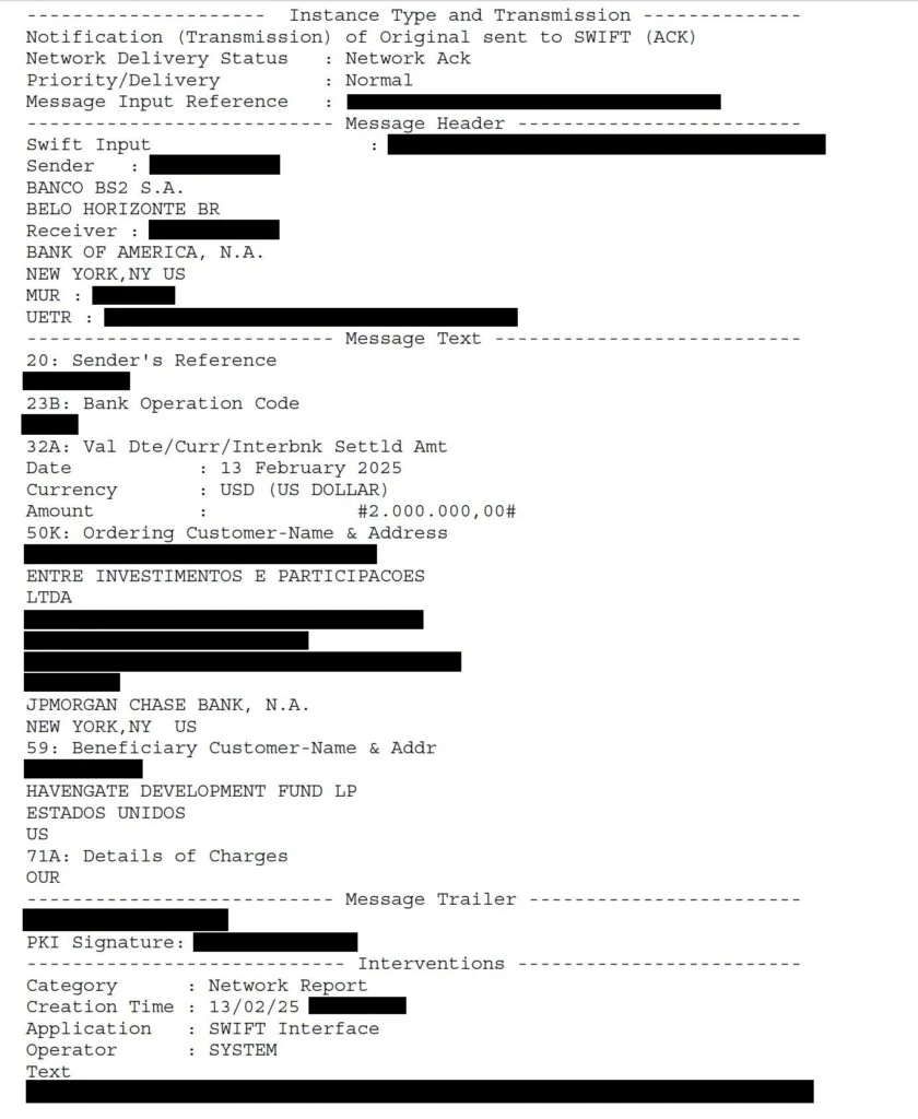 advogado-de-eduardo-bolsonaro-recebeu-milhoes-de-dolares-do-banco-master-comprovante-de-transferencia-mostra-que-2-milhoes-de-dolares-foram-transferidos-pela-entre-investimentos-e-participacoes-para-o-fundo-havengate-as-marcacoes-em-preto-foram-inseridas-pelo-intercept-para-nao-expor-codigos-e-informacoes-tecnicas-da-operacao-bancaria-foto-reproducao-tvt-news