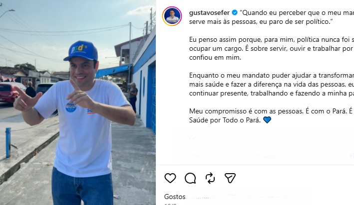 O deputado estadual paraense Gustavo Sefer (PSD) recebeu R$ 380 mil de Rafael Bemerguy Sefer, que entrou para a Lista Suja da escravidão neste ano (Imagem: Reprodução/Redes sociais)